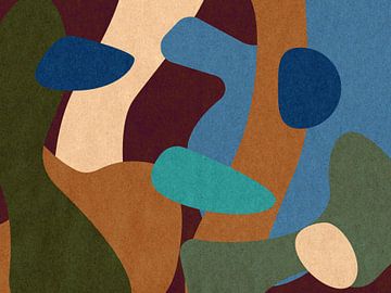 Moderne abstrakte Kunst. Organische Formen in leuchtenden 70er-Jahre-Farben. Merlotrot, Himmelblau, Olivgrün, Terrakotta und Türkis. von Dina Dankers