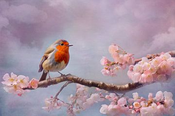 Rotkehlchen in rosa Blüten – Romantische Wandkunst von Joriali Fine Art