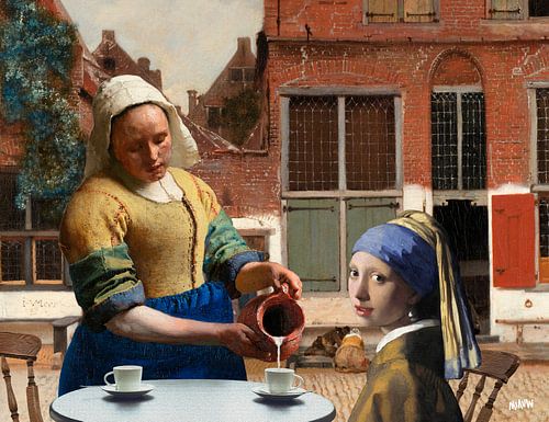 Vermeer Milchmädchen und Mädchen mit dem Perlenohrring in Straße in Delft von Miauw webshop
