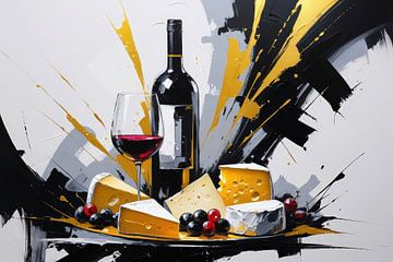 Wine bottle, glass, cheese and grapes by Art & Soul Creations