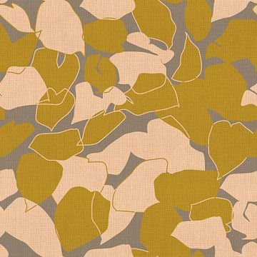 Retromotief uit de jaren 70 in donkeroker, roze en taupe. Bladeren van Dina Dankers