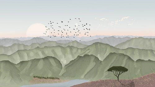 Green Italian mountains with cypress trees.