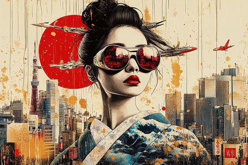 Geisha en skyline - Krachtige urban graffiti