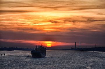 Schiff im Sonnenuntergang auf der Elbe bei Hamburg.