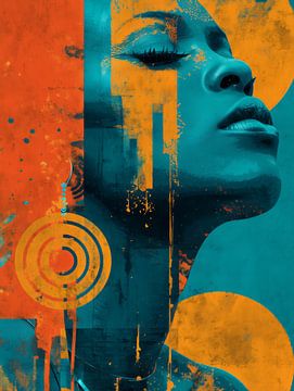 Digital Rebellion - Portret van een vrouw in turquoise en oranje collage van MArt