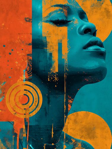 Digital Rebellion - Portret van een vrouw in turquoise en oranje collage