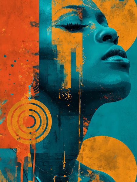 Digital Rebellion - Portrait of a woman in turquoise and orange collage by MArt