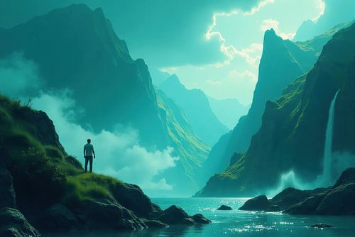 Persoon die bergachtig fjordenlandschap met waterval observeert