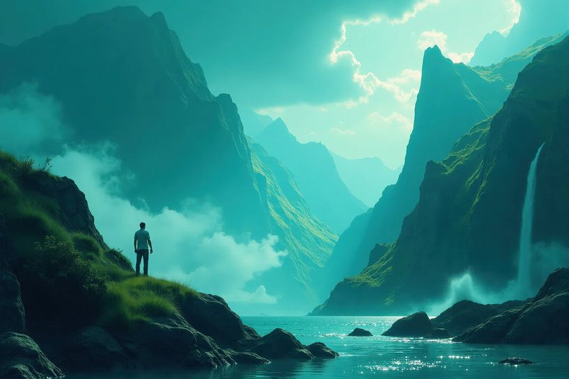Persoon die bergachtig fjordenlandschap met waterval observeert van Markus Gann