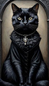 Zwarte Kat met medaillon in historische stijl van Betty Maria Digital Art