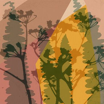 Varensbladeren en zomerbloemen in geel, roze, groen. van Dina Dankers