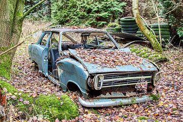 Verlaten auto in een bos in de herfst van W J Kok