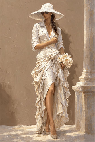 Charming Woman in a Romantic Dress, White and Warm Cream