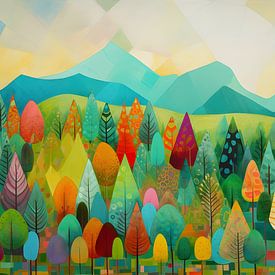 Kleurig bos en heuvels naïeve kunst van Jan Bechtum