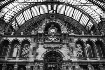 Antwerp Centraal Station Rear Entrance Coat of Arms Black and White by marlika art