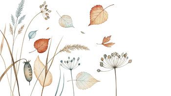 Autumnal Whispers: Delicate Watercolor Fall Leaves and Wild Grasses