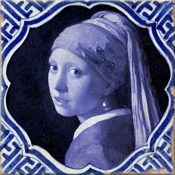 Carreau de Delft bleu Fille avec une boucle d'oreille en perle sur Sander Van Laar