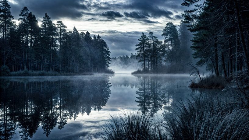 Stille des Nebelwaldes am See von Klaus Tesching - Art-AI