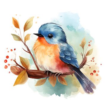 Aquarel - Kleurrijke vogel op tak van Pixelbull Design