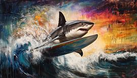 Shark on a surfboard artistic panorama