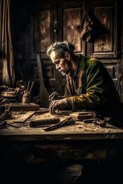A woodworker at work at a table. by Harry Stok