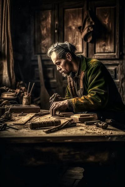 Un menuisier au travail sur une table. par Harry Stok