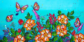 Jardin de fleurs avec des papillons sur Happy Paintings