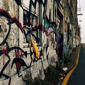 Verlaten straat met graffiti en brug in de verte - Lissabon van Dana Schoenmaker