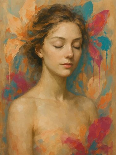 Portrait serein avec des fleurs cramoisies sur coretan tangan