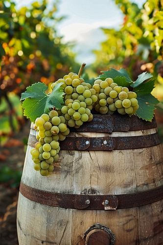 Tonneau rustique en bois avec des raisins verts dans un vignoble