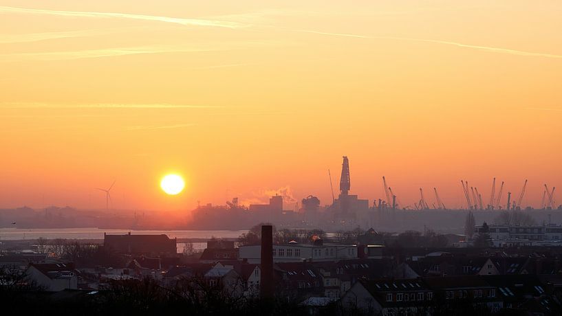 View of the harbour of the Hanseatic city of Rostock in Germany in the early morning by Heiko Kueverling