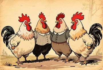 Porträtillustration von singenden Hähnen auf dem Lande