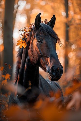 Paard met herfstbladeren in magisch boslicht