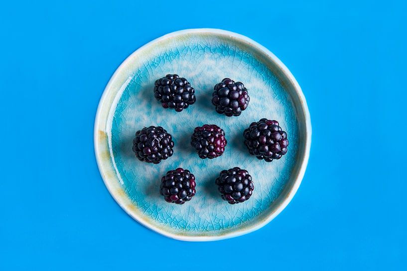 Blackberries on a blue plate against a blue background by Ans van Heck