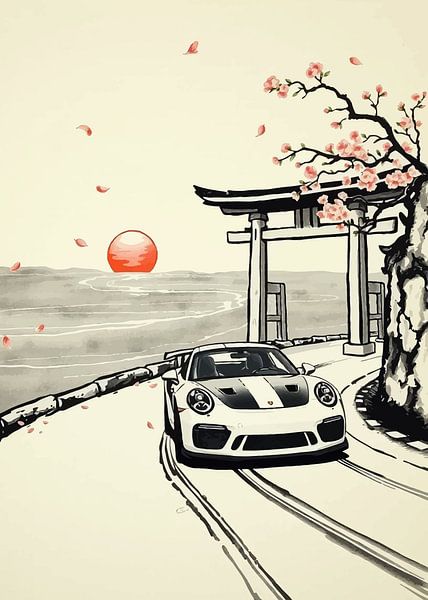 Porsche 911 GT3 RS Japanese Sumi-e Painting by MIROKKU