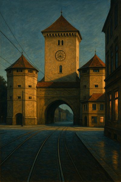 Munich City Gate: Blue Hour Shadows and Warm Windows by Travel Shop