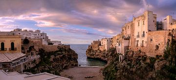 Panoramic scene of Polignano a Mare in South Italy at sunset