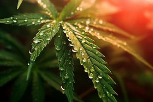 Nahaufnahme eines leuchtenden Cannabisblattes mit Morgentau, beleuchtet durch Sonnenlicht
