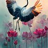 Kraanvogel met Lotusbloemen van Gypsy Galleria