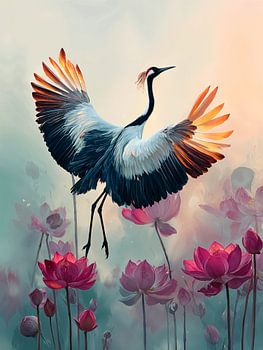 Kraanvogel met Lotusbloemen