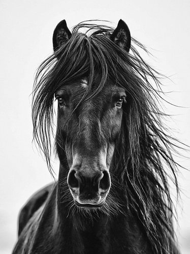 Portrait of a black horse with a wild mane