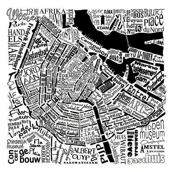 Amsterdam, typographical map with A'dam tower by Muurbabbels Typographic Design