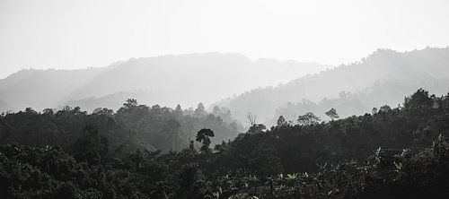 Panorama in black and white of the mountains in Myanmar