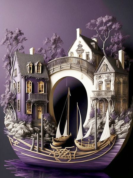 Miniaturstadt Papier weiß schwarz lila Häuser Boote Brücke Bäume von gm_designs
