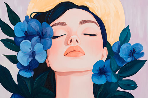 Vrouw met bloemenkrans en ronde vormen