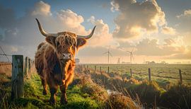 Hooglander in weiland met windmolens en wolkenlucht - oerhollands van Emiel de Lange