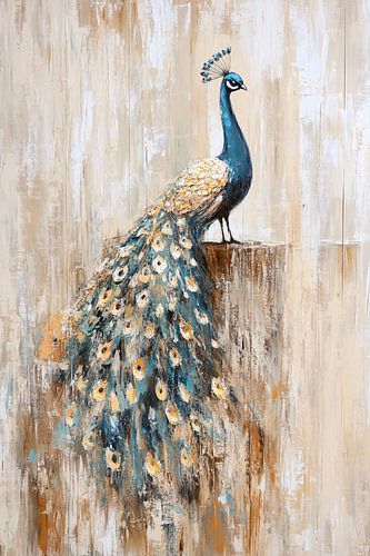 Pauw schilderij met gouden accenten