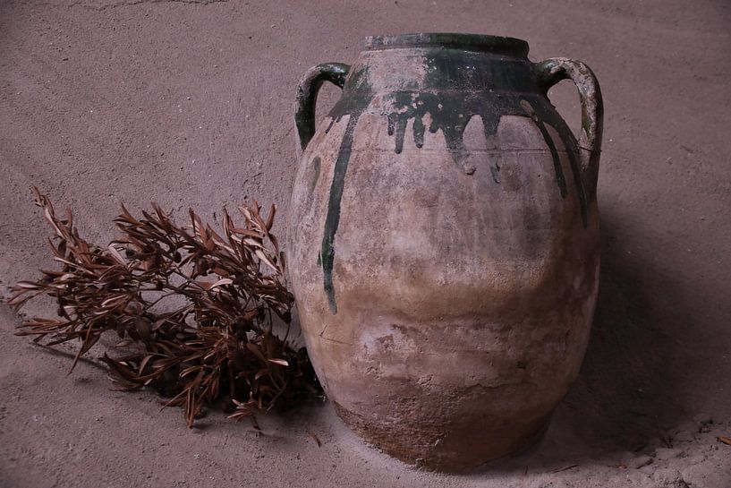 Jar with branch in the sand by Jan Klijn
