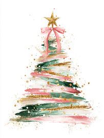 Modern Christmas tree of brushstrokes with pink ribbon and gold star full of sparkling details by But First Framing