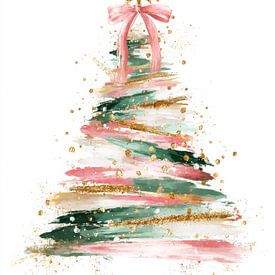 Moderne kerstboom van penseelstreken met roze lint en gouden ster vol sprankelende details van But First Framing